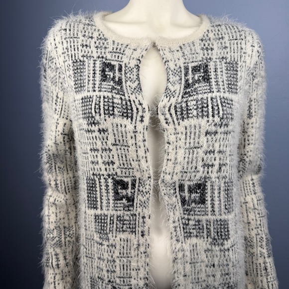 Lapis Fuzzy Plaid Cardigan Sweater Black White Eyelash Knit Longline Oversized‎ - Picture 8 of 9